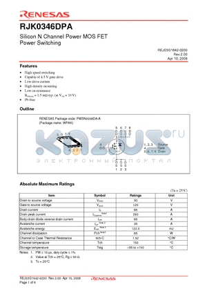RJK0346DPA-00-J0 datasheet - Silicon N Channel Power MOS FET Power Switching