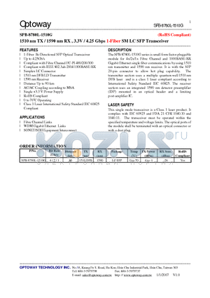 SPB-8780L-1510G datasheet - 1510 nm TX / 1590 nm RX , 3.3V / 4.25 Gbps 1-Fiber SMLC SFP Transceiver