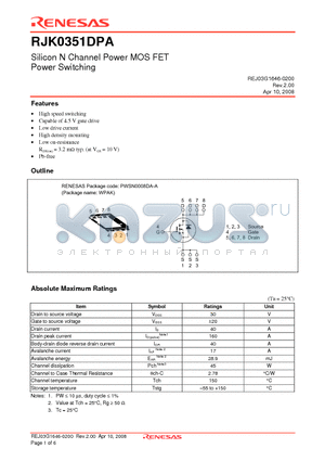RJK0351DPA-00-J0 datasheet - Silicon N Channel Power MOS FET Power Switching