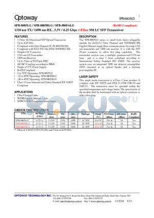 SPB-8805LG_08 datasheet - 1310 nm TX / 1490 nm RX , 3.3V / 4.25 Gbps 1-Fiber SMLC SFP Transceiver