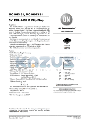 MC10E131FNR2G datasheet - 5V ECL 4-Bit D Flip-Flop