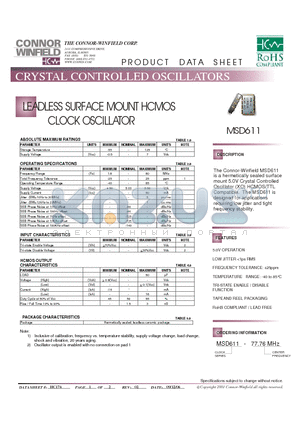 MSD611-77.76M datasheet - LEADLESS SURFACE MOUNT HCMOS CLOCK OSCILLATOR