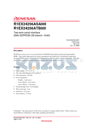 R1EX24256ATB00I datasheet - Two-wire serial interface 256k EEPROM (32-kword  8-bit)