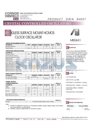 MSD631-106.25M datasheet - LEADLESS SURFACE MOUNT HCMOS CLOCK OSCILLATOR