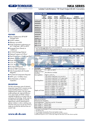 NKA0305S datasheet - Isolated Sub-Miniature 1W Dual Output DC-DC Converters