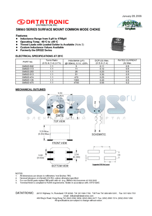 SM503-475 datasheet - SURFACE MOUNT COMMON MODE CHOKE