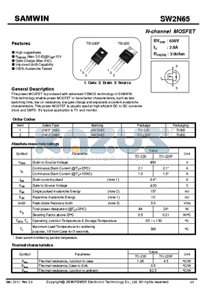 SWP2N65 datasheet - N-channel MOSFET