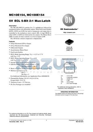 MC10E154FNR2 datasheet - 5V ECL 5-Bit 2:1 Mux-Latch