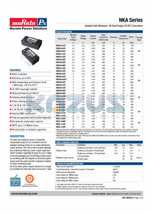 NKA1205SC datasheet - Isolated Sub-Miniature 1W Dual Output DC/DC Converters