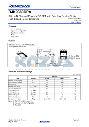 RJK0389DPA datasheet - Silicon N Channel Power MOS FET with Schottky Barrier Diode High Speed Power Switching