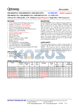 SPB-9605AMWG datasheet - 1310 nm TX / 1550 nm RX , 3.3V /Multirate Digital Diagnostic Single-Fiber SFP Transceiver