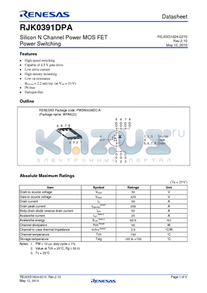RJK0391DPA-00-J53 datasheet - Silicon N Channel Power MOS FET Power Switching