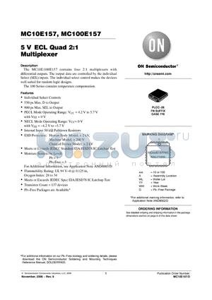 MC10E157 datasheet - 5 V ECL Quad 2:1 Multiplexer