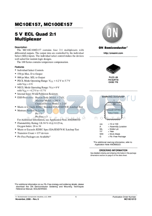 MC10E157FN datasheet - 5 V ECL Quad 2:1 Multiplexer