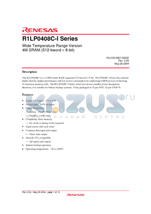 R1LP0408CSB-7LI datasheet - Wide Temperature Range Version 4M SRAM (512-kword  8-bit)