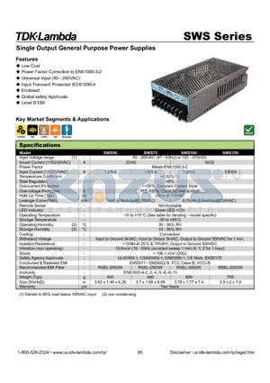 SWS100-12 datasheet - Single Output General Purpose Power Supplies