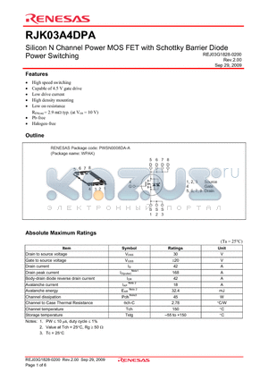 RJK03A4DPA datasheet - Silicon N Channel Power MOS FET with Schottky Barrier Diode Power Switching