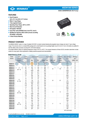 MSDW1013 datasheet - DC/DC CONVERTER 2W, Small Footprit: 24.0 x 18.1 mm (0.94 x 0.71 inches)