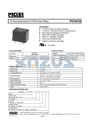 PCH4101AS-12 datasheet - 10 Amp Subminature PCB Power Relay