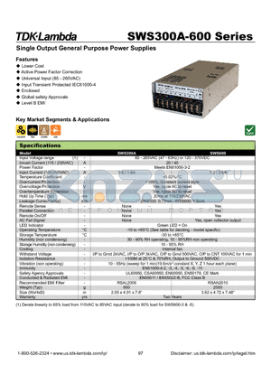 SWS300A-600 datasheet - Single Output General Purpose Power Supplies