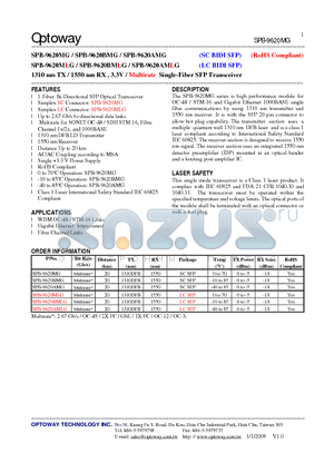 SPB-9620AMG datasheet - 1310 nm TX / 1550 nm RX , 3.3V / Multirate Single-Fiber SFP Transceiver