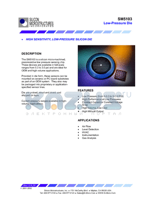 SM5103-015-G datasheet - HIGH SENSITIVITY, LOW-PRESSURE SILICON DIE