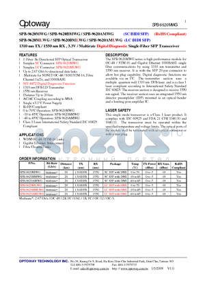 SPB-9620BMWG datasheet - 1310 nm TX / 1550 nm RX , 3.3V /Multirate Digital Diagnostic Single-Fiber SFP Transceiver