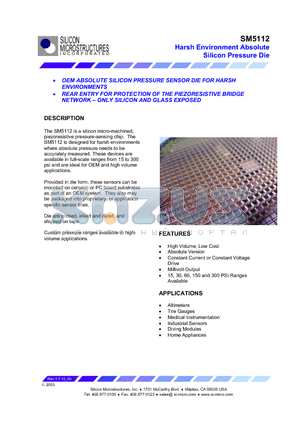 SM5112-150-A datasheet - Harsh Environment Absolute Silicon Pressure Die