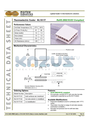 NL1011T-01 datasheet - Thermoelectric Cooler