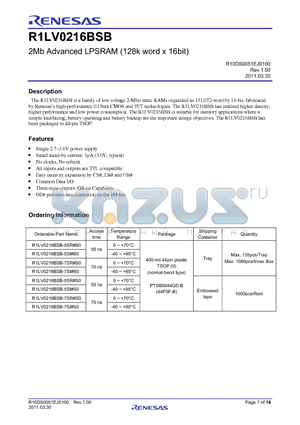 R1LV0216BSB-7SI-S0 datasheet - 2Mb Advanced LPSRAM (128k word x 16bit)