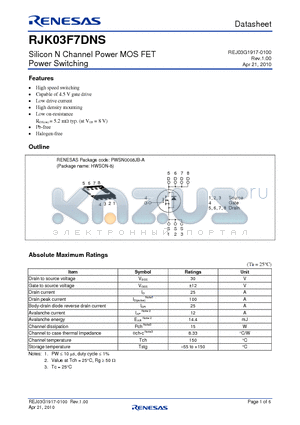 RJK03F7DNS datasheet - Silicon N Channel Power MOS FET Power Switching