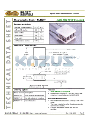 NL1020T-01 datasheet - Thermoelectric Cooler