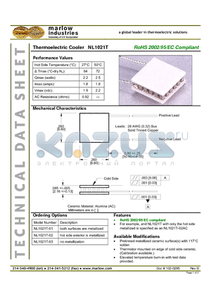 NL1021T-03 datasheet - Thermoelectric Cooler