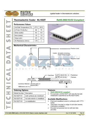 NL1022T datasheet - Thermoelectric Cooler