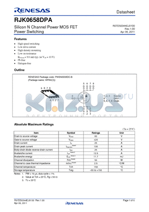 RJK0658DPA datasheet - Silicon N Channel Power MOS FET Power Switching