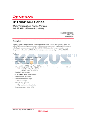 R1LV0416C-I datasheet - Wide Temperature Range Version 4M SRAM (256-kword  16-bit)