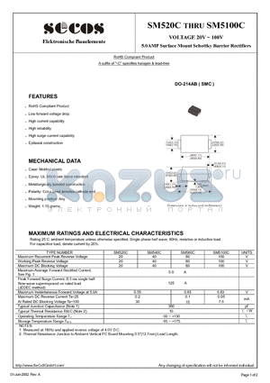 SM520C datasheet - 5.0AMP Surface Mount Schottky Barrier Rectifiers