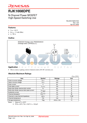 RJK1008DPE-00-J3 datasheet - N-Channel Power MOSFET High-Speed Switching Use