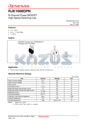 RJK1008DPN datasheet - N-Channel Power MOSFET High-Speed Switching Use