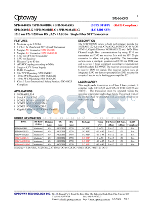 SPB-9640RG_08 datasheet - 1310 nm TX / 1550 nm RX , 3.3V / 3.2Gb/s Single-Fiber SFP Transceiver