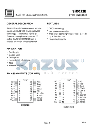 SM5212E-S datasheet - SM5212E is a RF remote control encoder paired with SM5212D