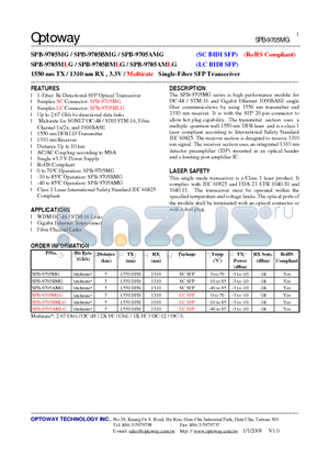 SPB-9705AMLG datasheet - 1550 nm TX / 1310 nm RX , 3.3V / Multirate Single-Fiber SFP Transceiver