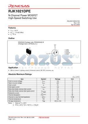 RJK1021DPE datasheet - N-Channel Power MOSFET High-Speed Switching Use