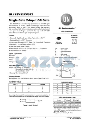 NL17SV32XV5T2G datasheet - Single Gate 2−Input OR Gate