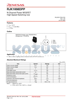 RJK1008DPP-00-T2 datasheet - N-Channel Power MOSFET High-Speed Switching Use