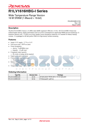 R1LV1616HBG-I datasheet - Wide Temperature Range Version 16 M SRAM (1-Mword  16-bit)