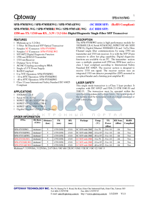 SPB-9705ARLWG datasheet - 1550 nm TX / 1310 nm RX , 3.3V / 3.2 Gb/s Digital Diagnostic Single-Fiber SFP Transceiver