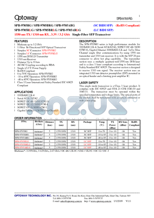 SPB-9705ARG datasheet - 1550 nm TX / 1310 nm RX , 3.3V / 3.2 Gb/s Single-Fiber SFP Transceiver