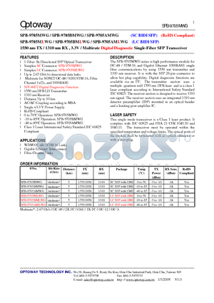 SPB-9705BMLWG datasheet - 1550 nm TX / 1310 nm RX , 3.3V /Multirate Digital Diagnostic Single-Fiber SFP Transceiver