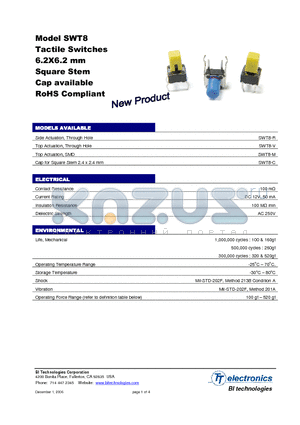 SWT8-M1NTR datasheet - Tactile Switches 6.2X6.2 mm Square Stem Cap available RoHS Compliant